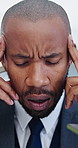 Multitask, stress and black man in office with headache for deadlines, burnout or fatigue. Overstimulated, migraine and corporate employee with exhaustion for workload, tasks or projects at agency.