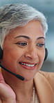 Headset, woman and call center consultant in office for crm, voip and online consultation. Happy, mic and mature technical support agent in workplace for customer care, help desk or contact us.