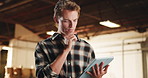 Carpentry, scroll and man in warehouse with tablet, inspection or material for timber production. Furniture order, digital tech and person with checklist for inventory, lumber business or woodworking