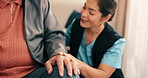 Caregiver, holding hands and senior person with support, hope and trust together in retirement home. Nurse, medical help and healthcare with kindness, solidarity and gratitude in elder care house
