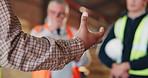Manager, hand and instructions in warehouse with team, explain logistics and meeting for discussion. Flare, people and conversation in workplace with supervisor, supply chain management and strategy.
