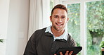 Happy, face and man with tablet, real estate and writing repair costs on web or property inspection. Home inspector, portrait and person with stylus for project, laughing and report with technology