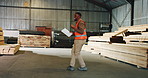 Excited, man or carpenter in factory with dance, clipboard or success for woodwork procurement deal. Happy, black person and groove in warehouse with checklist, celebration and carpentry achievement.
