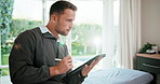 Physiotherapist, thinking and man with tablet in office, research or reading patient records on web. Physical therapy, reflection and treatment plan on app, scroll and happy person with technology