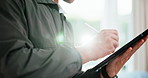 Writing, online and hands with tablet, real estate and info for property inspection or repair costs. Home inspector, notes and person with stylus for project, research and report with technology