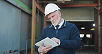 Serious, man and logistics in warehouse with tablet, research and supply chain for shipping. Mature person, review or scroll at depot with tech, schedule dispatch and inventory stock for distribution