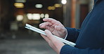 Hands, person and typing in warehouse with tablet, research and supply chain for shipping. Supervisor, scroll and reading at depot with digital, schedule dispatch and inventory stock for distribution