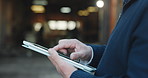 Hands, person and logistics in warehouse with tablet, research and supply chain for shipping. Supervisor, scroll and review at depot with tech, schedule dispatch and inventory stock for distribution