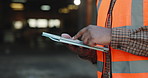 Hands, person and scroll in warehouse with tablet, research and supply chain for shipping. Supervisor, review and checklist at depot with tech, schedule dispatch and inventory stock for distribution