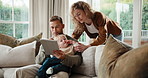 Online, child and parents with tablet in house, entertainment and watching videos with subscription. Streaming, movie and people with toddler in home, happy and family with technology in living room