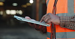Hands, person and typing in warehouse with tablet, research and supply chain for shipping. Supervisor, reading and checklist at depot with tech, schedule dispatch and inventory stock for distribution