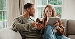 Couple, talk and credit card in apartment with tablet, check details and payment for online shopping. Happy, married people and internet banking in home with fintech, ecommerce app and conversation.