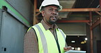 Thinking, black man and logistics in warehouse with tablet, research and supply chain for shipping. Person, scroll or vision at depot with tech, schedule dispatch and inventory stock for distribution