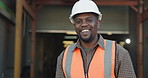 Face, black man and smile in warehouse with tablet, research and supply chain for shipping. Portrait, male person and happy at depot with tech, schedule dispatch and inventory stock for distribution