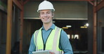 Face, man and logistics in warehouse with tablet, research and supply chain for shipping. Portrait, smile and male person at depot with digital, schedule dispatch and inventory stock for distribution