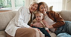 Face, family and smile at house with baby, love and parental support for bonding together. Portrait, grandmother and mother in home with toddler, generations and nuturing childcare for weekend break