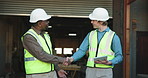 Men, architect or tablet with handshake for building agreement or construction deal together. Male people, contractor or civil engineer shaking hands with smile or technology for b2b or partnership