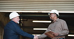 Men, contractor or tablet with handshake in warehouse for building agreement or construction deal. Male people, architect or civil engineer shaking hands with technology for b2b or partnership