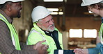 Men, architect or success with handshake in warehouse for building agreement or construction deal. Male people, contractor or happy civil engineer shaking hands for winning or partnership together
