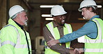 Men, architect or team with handshake in warehouse for building agreement or construction deal. Male people, contractor or happy civil engineer shaking hands for introduction or partnership together