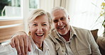 Mature, face and couple with selfie for love, bonding or photography together in home. Portrait, man or woman relaxing with smile, hug or comfort for capture moment or picture memory on sofa in house
