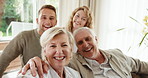 Mature, family and face with selfie in home for bonding, holiday or memory together on sofa. Portrait, dad and mom with adult daughter, son or smile for capture moment, weekend or picture in house