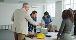 Architect, team or planning in office with blueprint, project scope or construction cost with laptop. Floor plan, architecture and people with tablet, design revision or point for budget decision