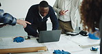 Architect, team and laptop in office for development, construction review or building evaluation. People, architecture and planning with computer, design or typing report for engineering blueprint