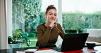 Freelancer, face and happy woman with laptop in home office, research or financial report on website. Remote work, accountant and person with glasses, smile and confident with technology in house