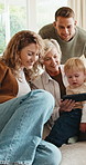 Happy, baby or family with phone in home for watching cartoon, nursery rhyme or lullaby video. Child, parents and grandmother with mobile on sofa for educational app, bonding together and generations