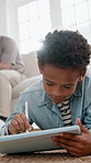 E learning, tablet or kid on floor with pen, online art or drawing lesson on academic platform. Digital, flare or child in house with tech, creative class or homeschool assignment in remote education