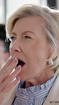 Business, tired and woman in office with yawn, drowsy and low energy with workplace fatigue. Exhaustion, sleepy and mature employee with work burnout, brain fog and bored expression in agency.