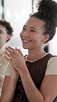 Business, success or woman in seminar with clap, achievement and celebration for agency growth. Happy, victory or employee with conference, crowd applause and motivation for company milestone.