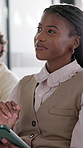 Listen, woman or tablet in crowd for workshop key points, industry knowledge or staff upskill. Training, happy person or digital notes in audience for employee education, speech agreement or learning