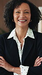 Face, business and happy woman with confidence for professional career or job opportunity. Portrait, female person or fashion designer with smile, arms crossed or pride for company startup in office