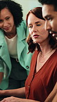 Creative, people or meeting with team in office for group project, web design or planning together. Woman, employees or colleagues discussing research for business project or brainstorming ideas