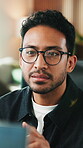 Review, coding or man in office with computer, software test or bug fix in web development. Reading, glasses or programmer with tech, database inspection or script creation in app engineering.