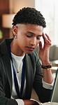 Woman, programmer and stress with headache in office for fatigue, project deadline or strain. Tired, female person or mistake with migraine or pain for work pressure or discomfort in workplace