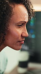Review, coding or woman in office with computer, software test or bug fix in web development. Reading, smile or programmer with server diagnosis, database inspection or app engineering in tech agency
