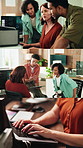 Programmer, team and office with laptop for software development, design or data management. Collage, people or group project with employees or technology for computer science or new app in workplace