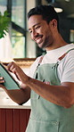 Happy, man and waitress with tablet in cafe with research, inventory or online menu update. Smile, digital technology and barista in coffee shop for order on app, website or customer service.