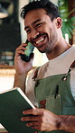 Phone call, man and waiter with tablet in cafe for menu update, stock order or contact supplier. Tech, happy person and conversation in coffee shop for small business inventory, sales or laughing