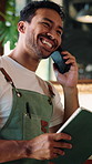 Phone call, man and barista with tablet in cafe for menu update, stock order or contact supplier. Tech, happy person and conversation in coffee shop for small business inventory, sales or hospitality