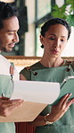 Clipboard, management and people with tablet in coffee shop together for budget or planning. App, finance review and chat with store owner team in cafe or restaurant for small business strategy