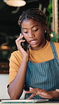 Phone call, woman and waiter with tablet in cafe for menu update, reservation or communication. Tech, happy black person and conversation for coffee shop booking, guest list or schedule feedback