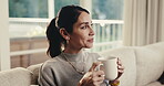 Relax, thinking and woman in house with coffee, calm mindset and daydreaming on weekend break. Reflection, nostalgia and mature person with warm drink, mindfulness and peaceful perspective in lounge.