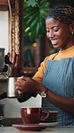 Black woman, barista and milk with coffee in cafe for caffeine brewery, order or customer service. Person, small business or latte artist with steamer for cappuccino, hospitality and owner in shop