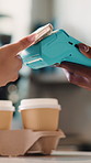 Hands, customer and barista with pos machine for payment, purchase or checkout in cafe. People, tap to pay and phone with digital tech or ecommerce for order, transaction or service in coffee shop