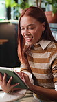 Tablet, happy and businesswoman in cafe for remote work with email update on creative project. Smile, digital technology and editor with freelance job opportunity in coffee shop or restaurant.