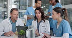 Health, team or laptop in clinic meeting for patient case review, treatment ideas or discharge plan. People, doctors and nurses with tech for diagnosis report, care coordination and clinical opinion